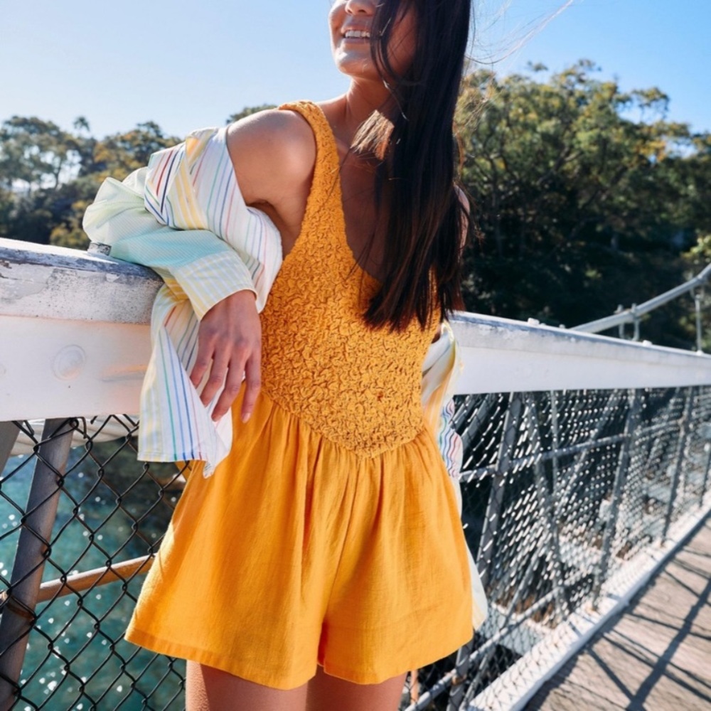 Free People Natural Juliette Smocked Romper Orange XS